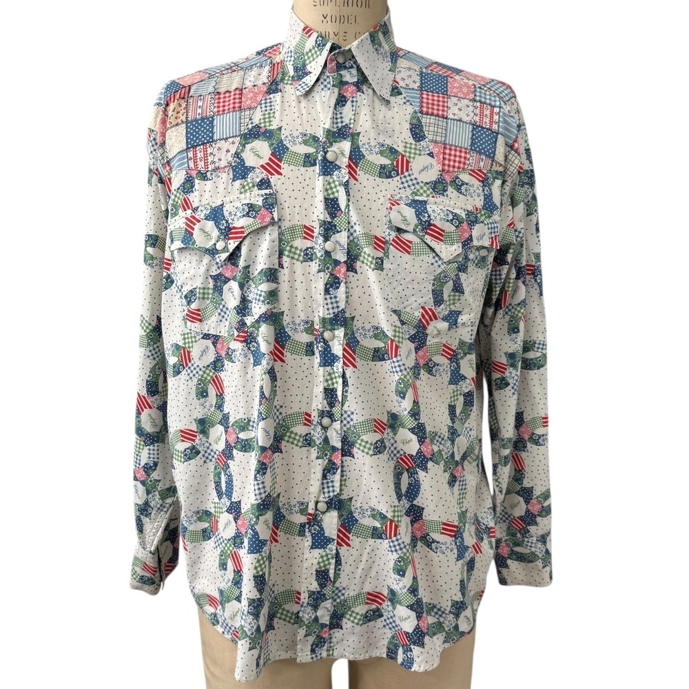 Vintage Chipie Westerner Quilted Patchwork Print Shirt Mens Long Sleeve Snap